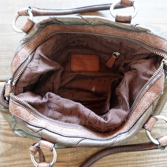 Vintage Fossil Handbag Leather Brown Patchwork Stitch Satchel Keyhole Boho 90s - Picture 7 of 15